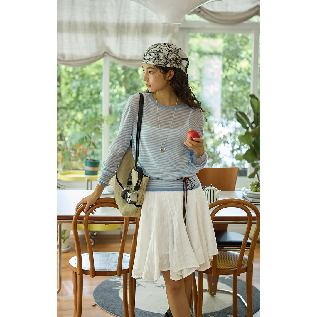 solighter法式羊毛蓝色条纹微透针织衫女秋季5I0808M20X2