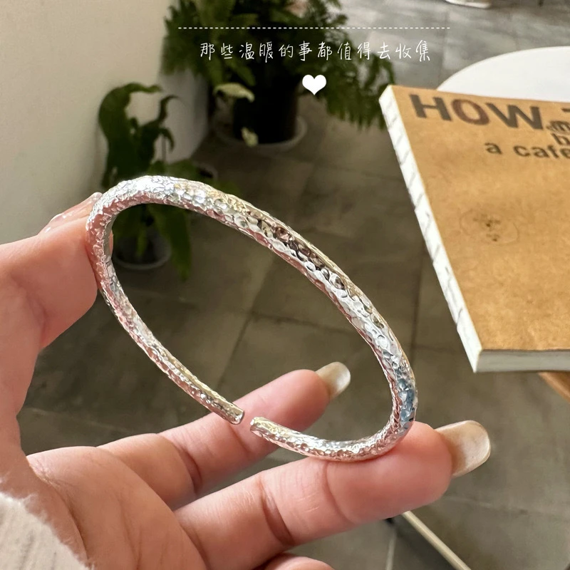 足银手镯 【17号】足银999.9手工锤纹开口手镯男女同款实心百搭