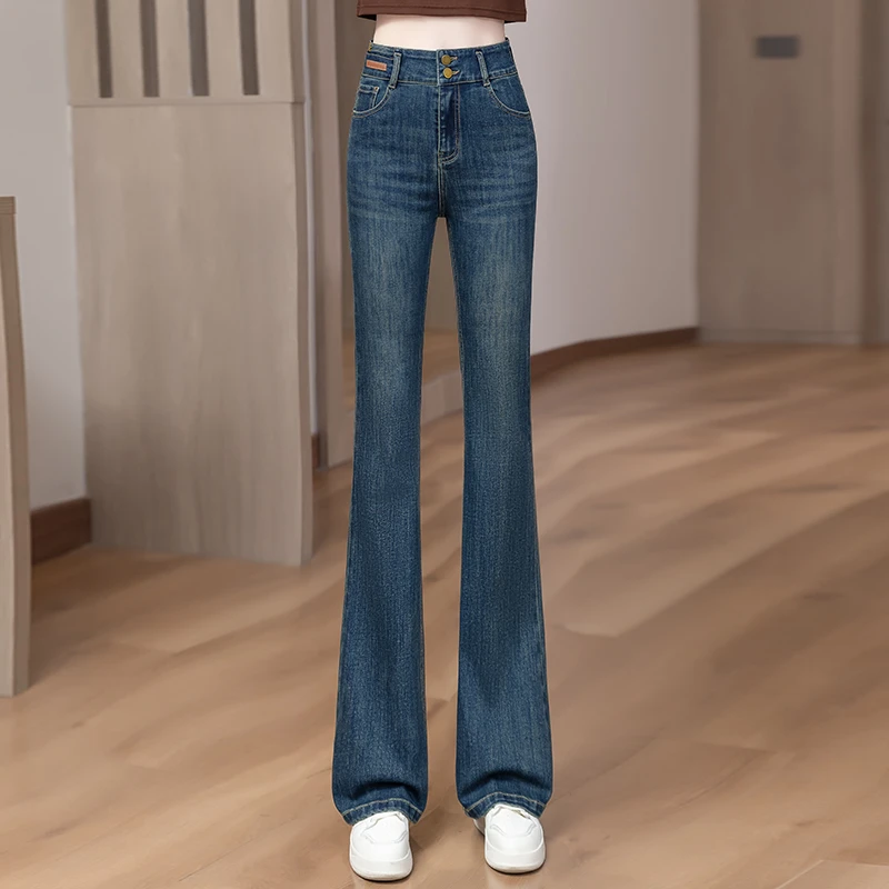 复古微喇牛仔裤女士秋季2025新款高腰显瘦弹力修身小个子喇叭裤子