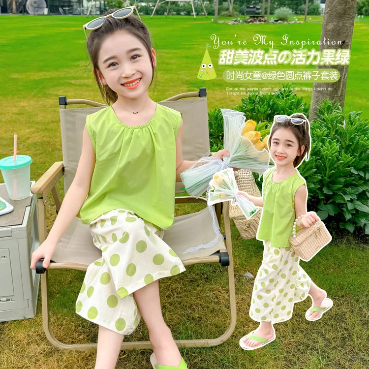 女童洋气套装2025夏装新款韩版无袖娃娃衫加波点阔腿裤两件套