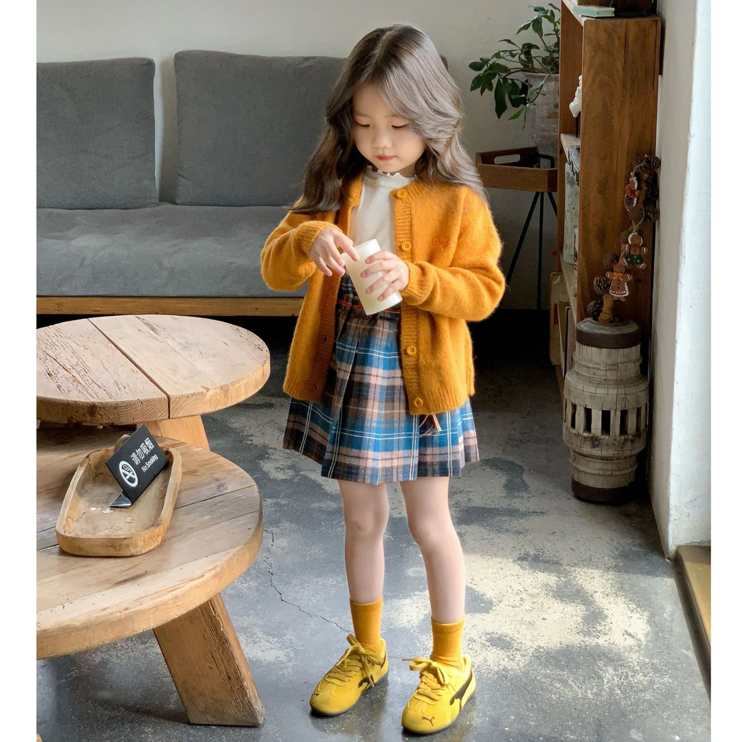 壹妈童装女童学院风套装秋装新款洋气女宝橘色针织开衫格子百褶裙