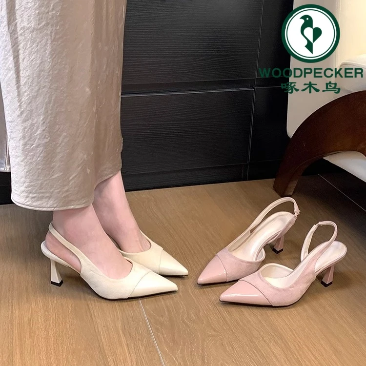 啄木鸟名媛浅口绒面拼接侧空高跟鞋法式新款尖头细跟后绊带凉鞋女