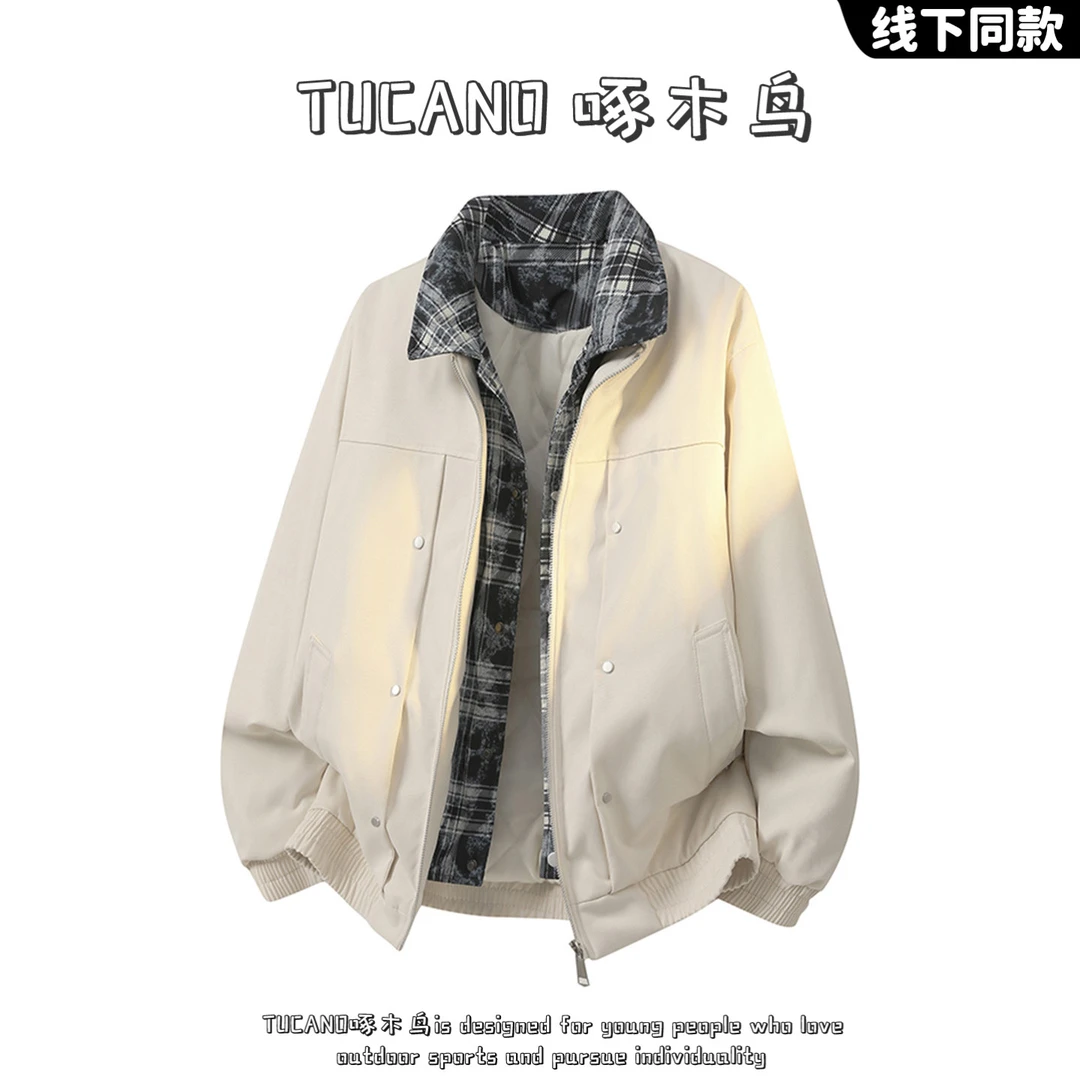 啄木鸟假两件棉衣外套男冬季加厚保暖工装夹克棉服潮牌高格纹棉袄