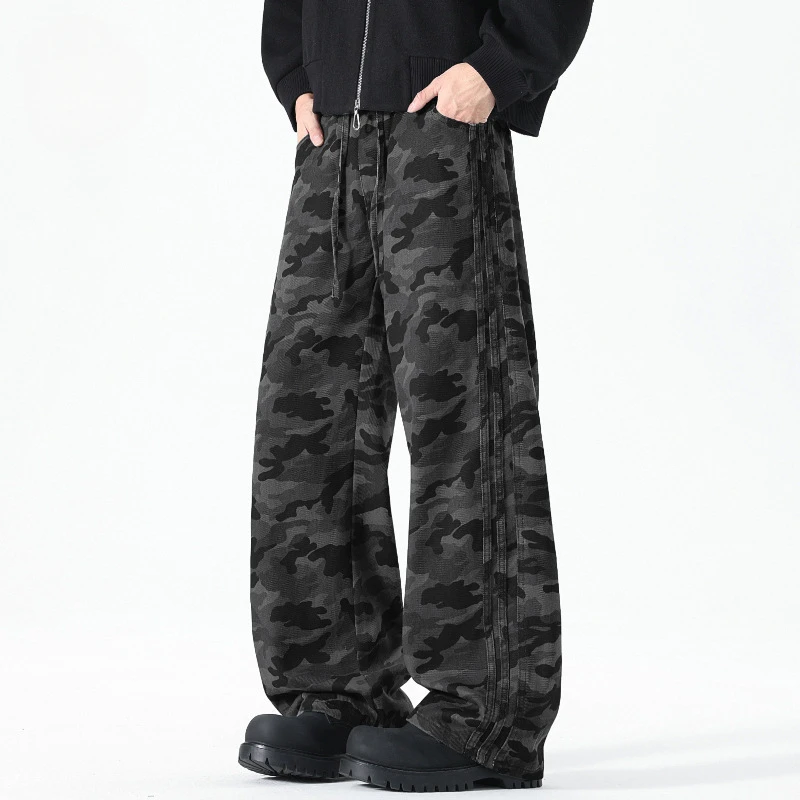 美式高街复古迷彩弯刀休闲裤子男款秋季宽松男士170胖子男生裤子
