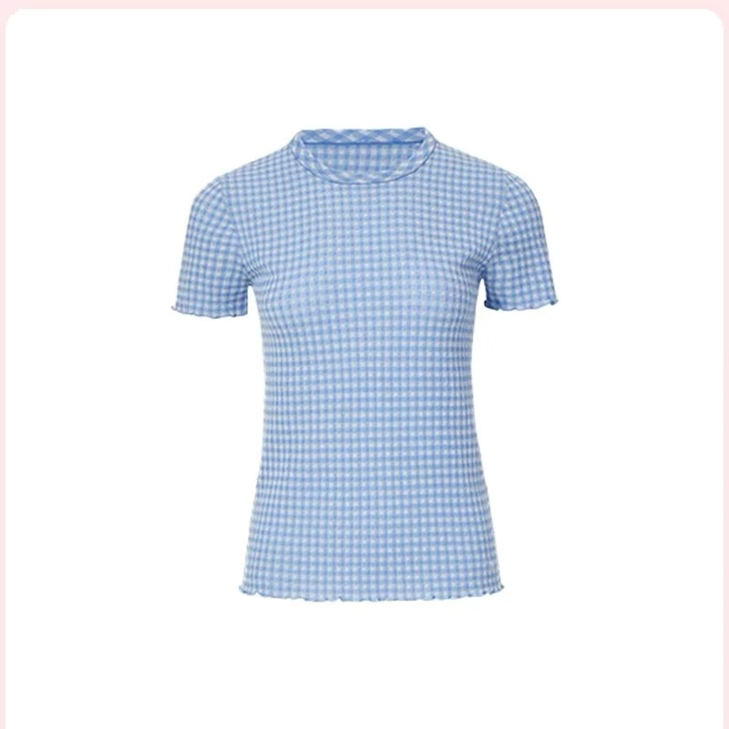 『朱小姐』方格花边袖针织短袖 G057