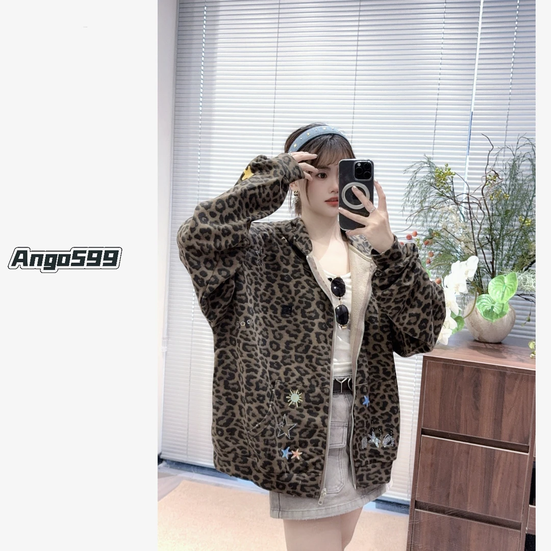 豹纹小妞* 小众设计感奇幻海底印花连帽卫衣外套