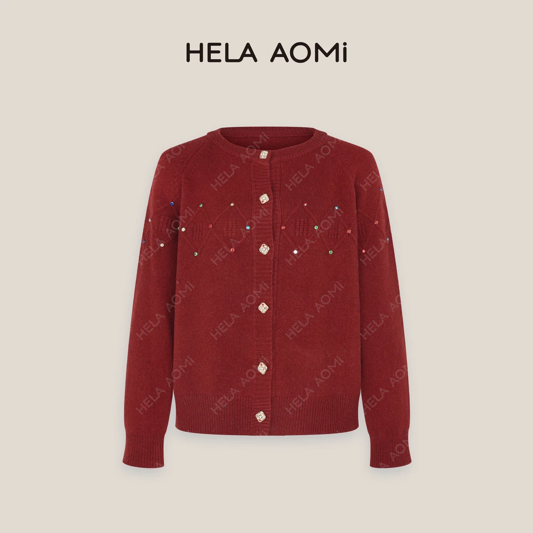 HELAAOMI “彩宝毛衣”圆领镶钻小香风软糯针织开衫毛衣CY4DM31619