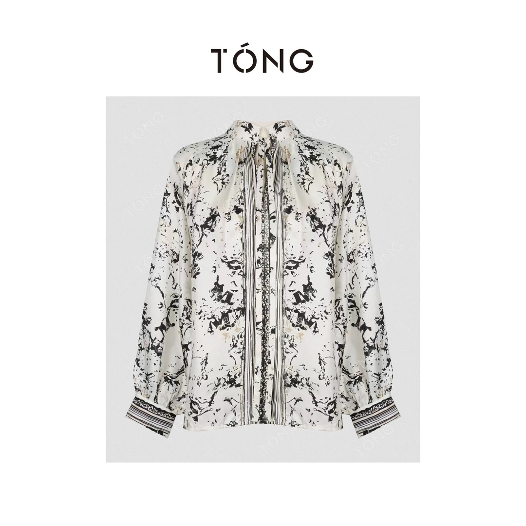 【银杏】设计师款~系带桑蚕丝印花斜纹衬衫 GA0200