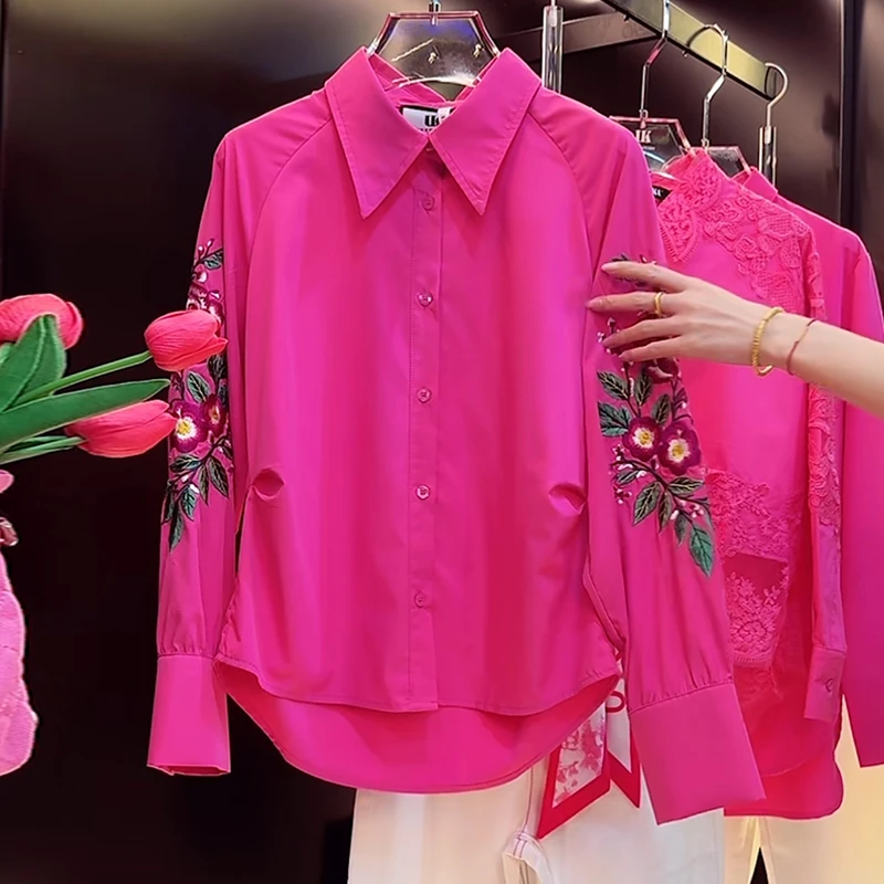 翻领刺绣衬衫女士2025秋季洋气减龄休闲显瘦时尚高级感玫红色上衣
