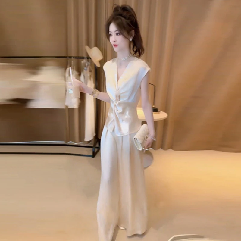 超好看时尚设计感轻熟褶皱收腰上衣垂感高腰小众裤子女神漂亮套装