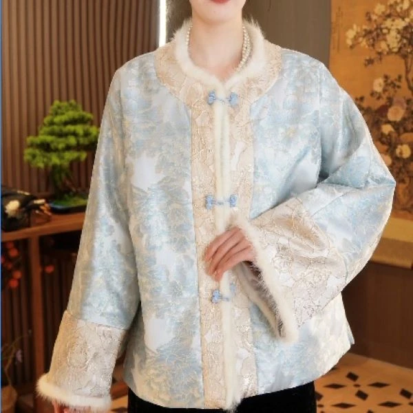 中国风秋冬夹棉唐装女新中式倒大袖保暖棉服2024D3349-开心