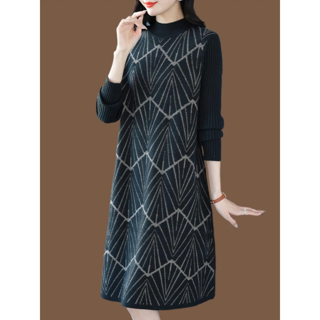 皮尔卡丹妈妈羊毛针织连衣裙秋冬配大衣中长款A字毛衣裙气质显瘦