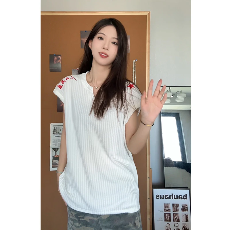 2025夏刺绣v领背心男女情侣t恤夏季薄款肌理感无袖坎肩砍袖上衣