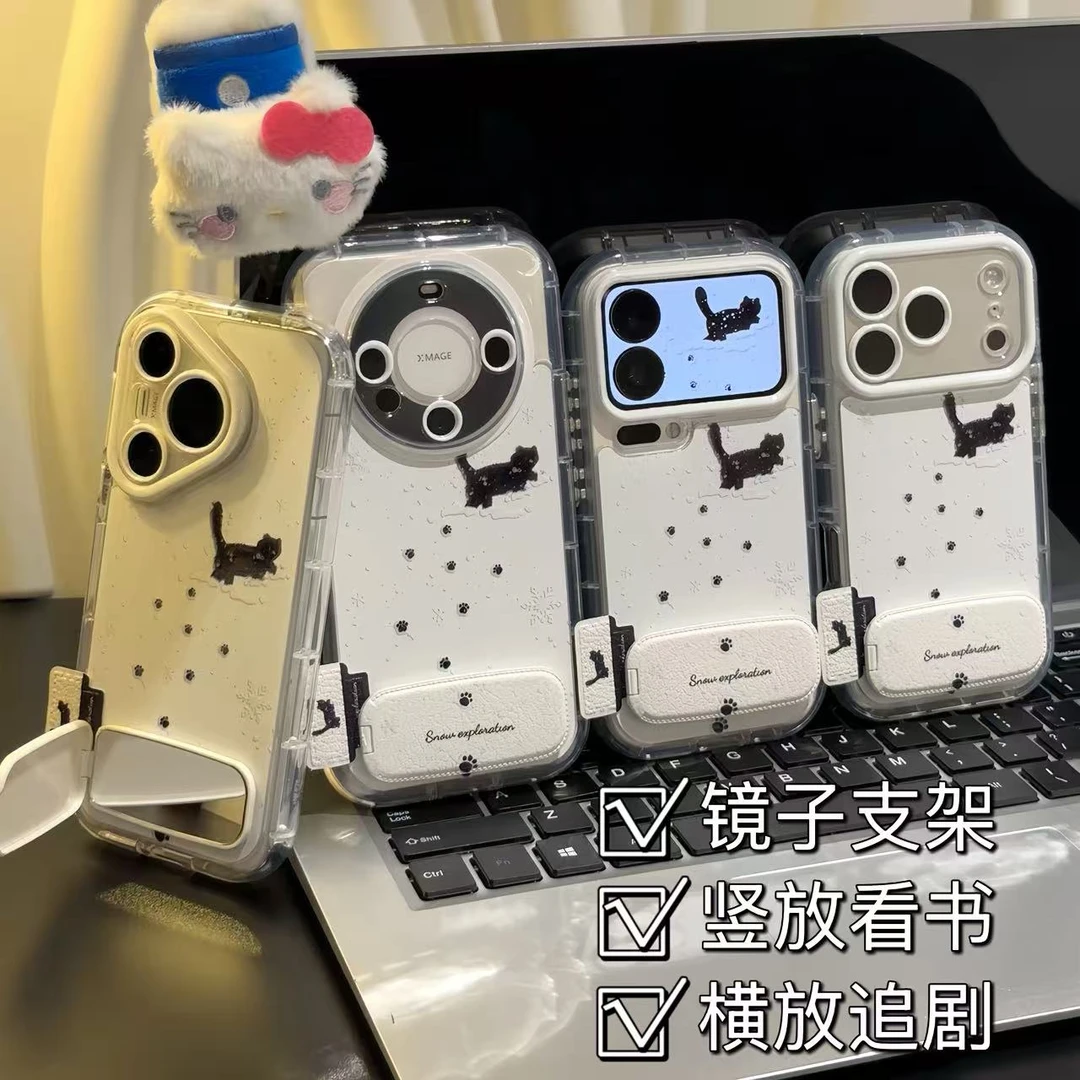 雪地爪印小猫支架适用苹果16/17promax手机壳14华为vivoppo小米15