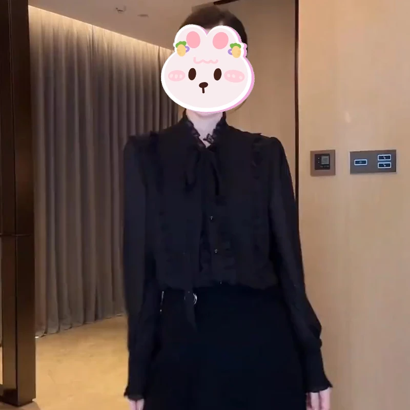 木耳花边轻奢蝴蝶结系带长袖衬衫女2025秋季新款休闲简约通勤上衣