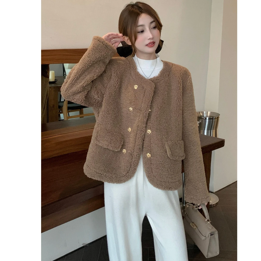 3426胖MM洋气外套女冬季百搭简约遮肉小香风仿羊羔毛上衣8126