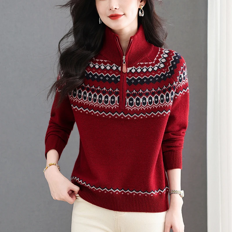 立领拉链打底衫2025新款轻奢高级感费尔岛毛衣冬季内搭条纹上衣女