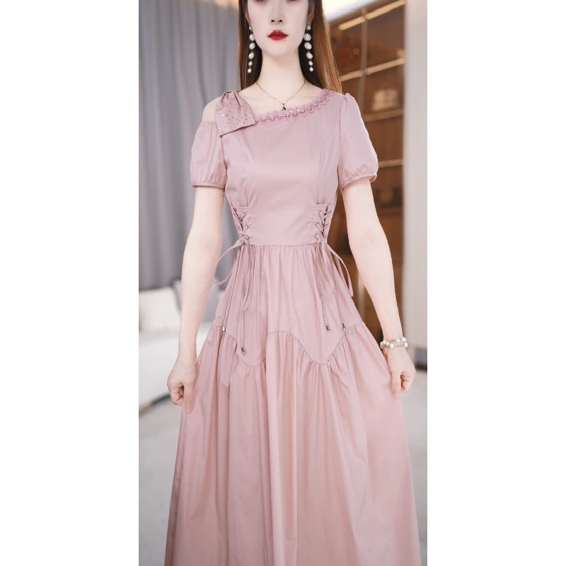 【连衣裙】夏季新款斜领纯色简约气质收腰中长款连衣裙M-4XL