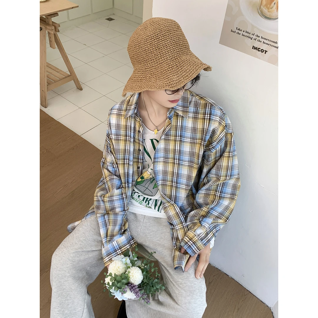 白口阳【海岛日记】2025新款黄蓝格纹衬衫男女同款夏季长袖衬衣C588