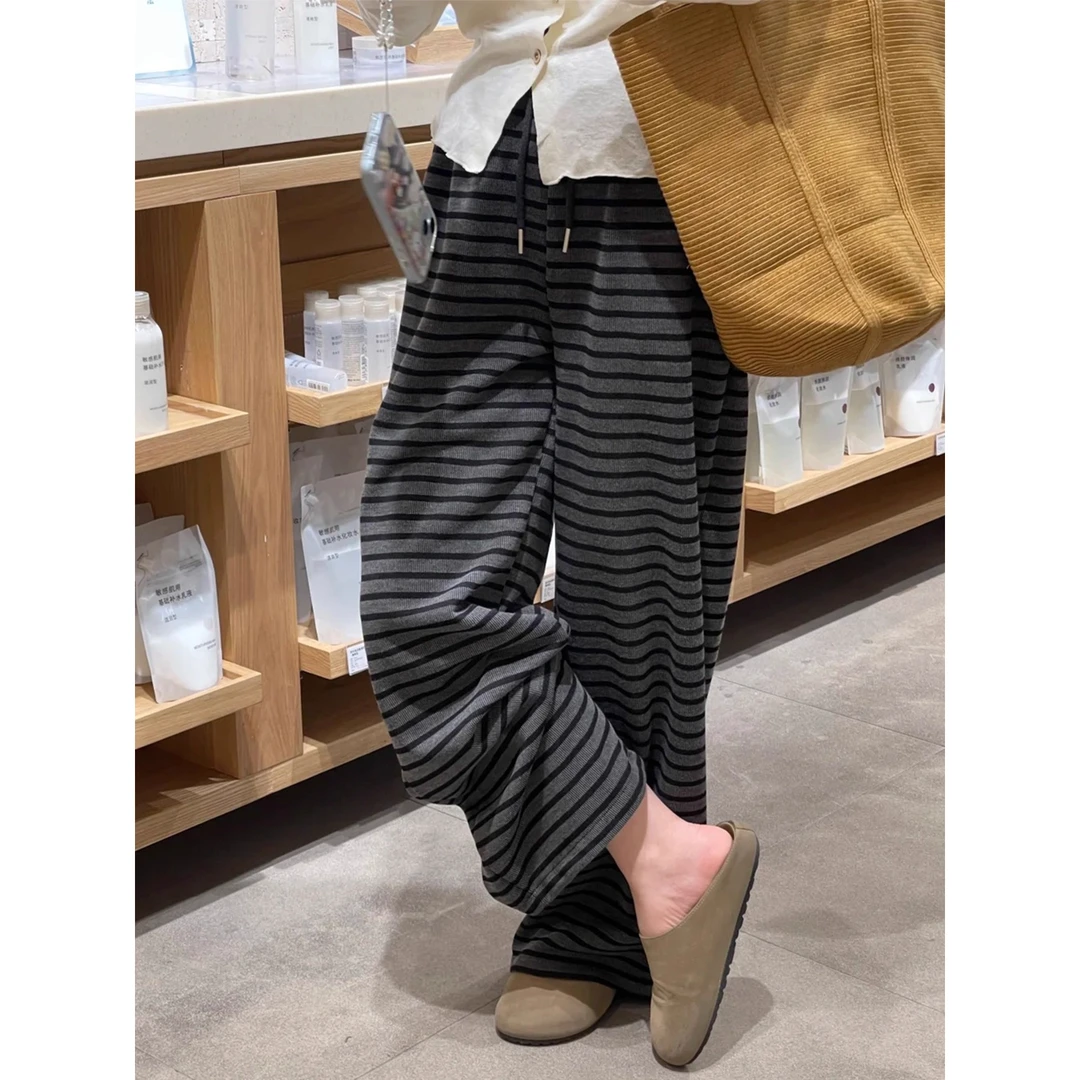 慵懒风直筒条纹裤大码女装胖mm宽松显瘦梨形身材垂感阔腿休闲长裤