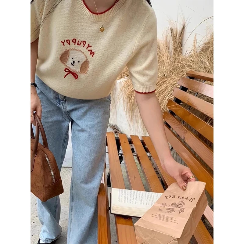 韩版卡通小图案洋气减龄短袖T恤女2025春夏季灰色宽松针织衫上衣