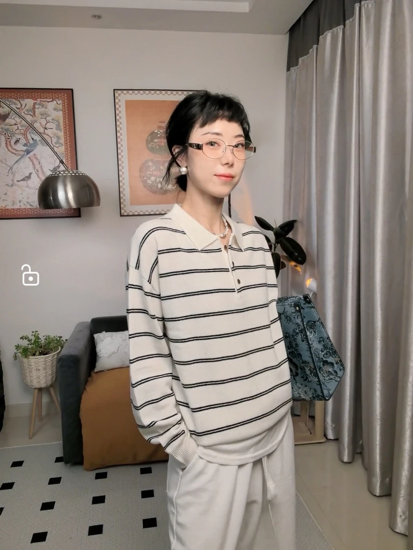 【木易Iyoung】2025羊毛翻领黑白经典条纹羊毛衫