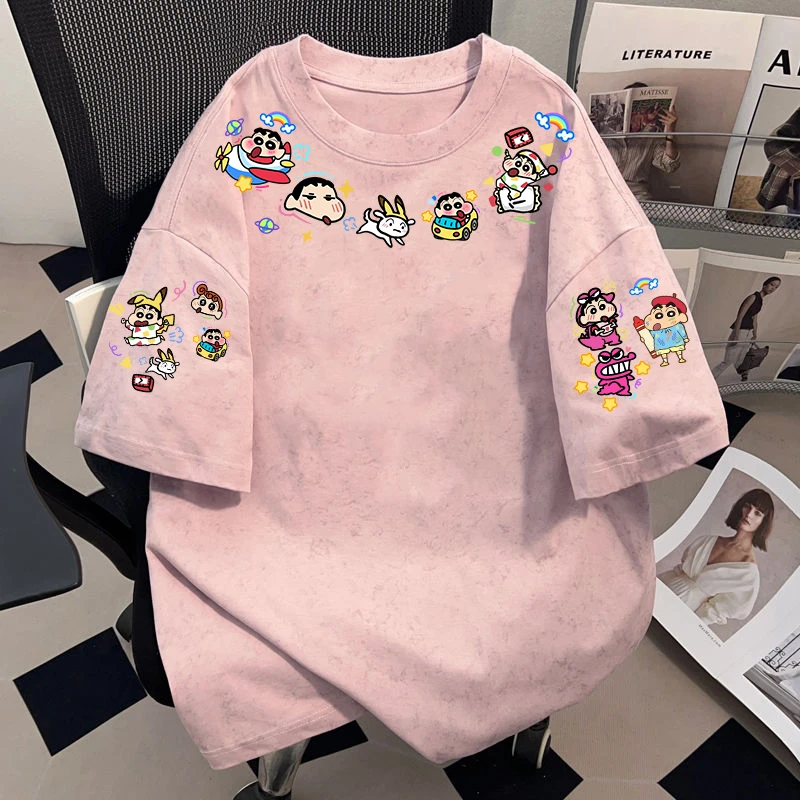 100%纯棉美式简约蜡笔小新印花水洗扎染短袖T恤男女夏季休闲上衣