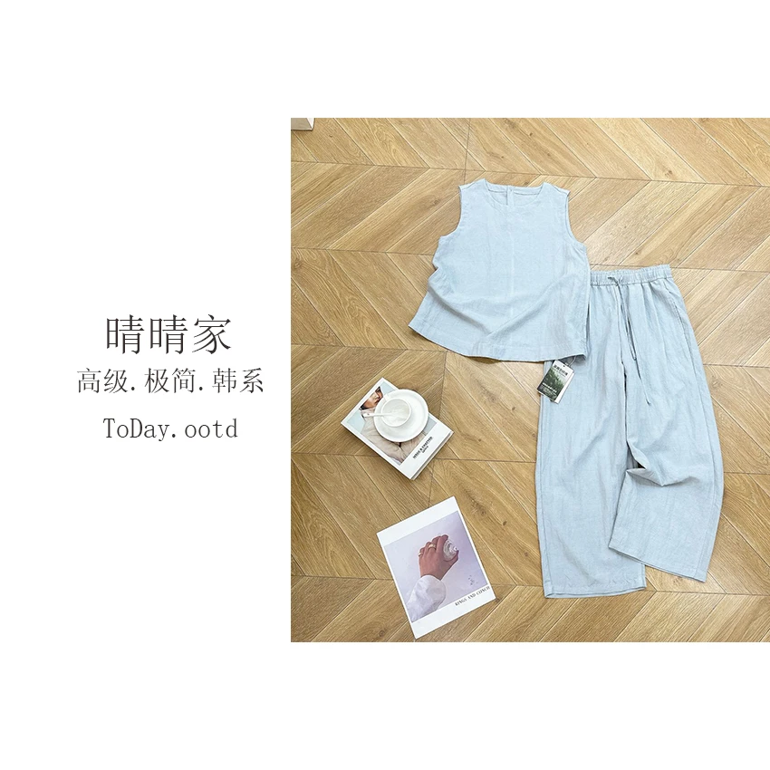 晴晴家-【玉桂融雪】夏季韩系百搭气质亚麻老钱简约休闲套装2119
