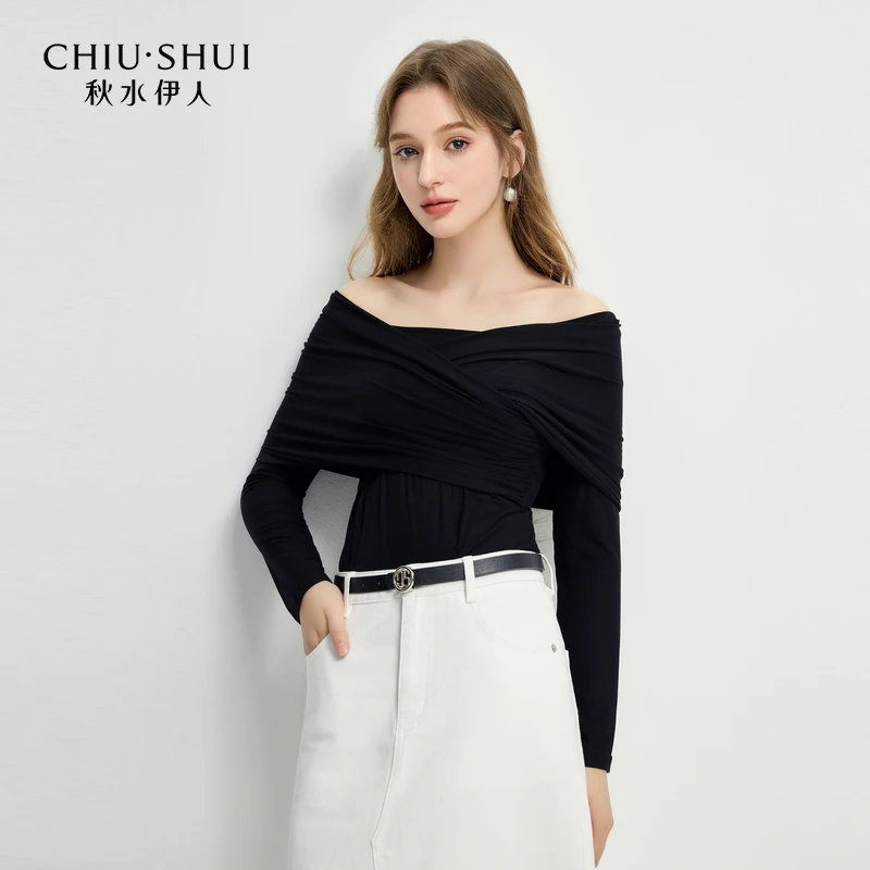 秋水伊人针织一字肩T恤2025年春季新款女伊人风上衣625101C200372