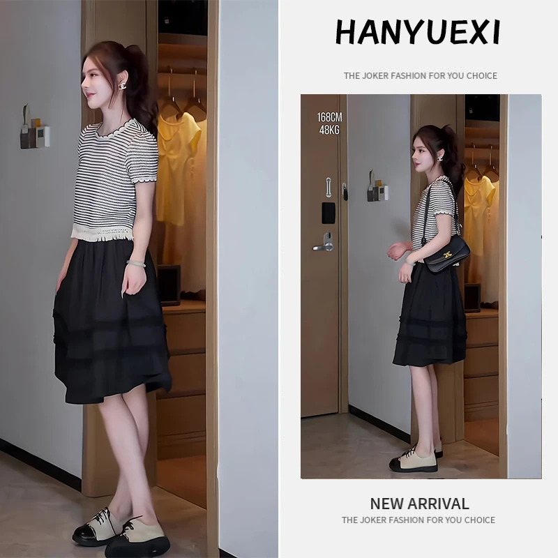 夏季一整套女装2025年新款韩版减龄遮肚显瘦短袖上衣半身裙两件套
