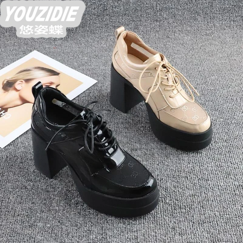 欧洲站漆皮透气网纱女鞋2025夏季新款高跟厚底圆头鞋粗跟系带单鞋