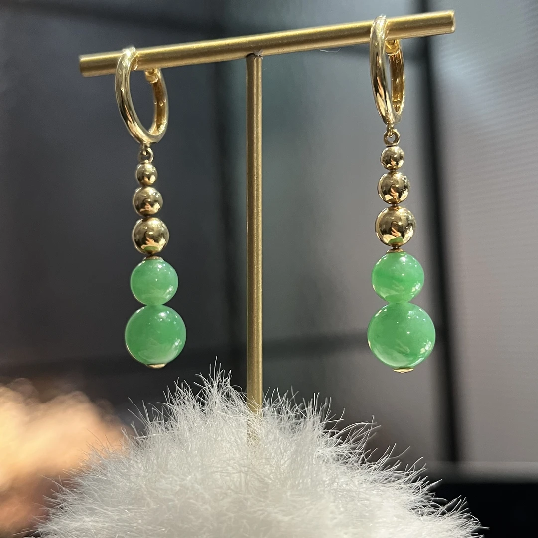 优翠珠宝18K金甜阳绿翡翠珠珠耳环度假风情灵动6/8mm珠