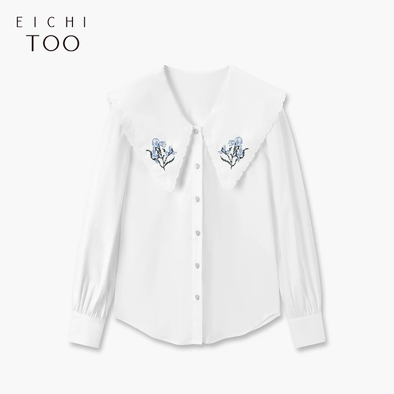 A爱居兔秋鸢尾花刺绣设计基础款大翻领长袖衬衫ENEAJ3N010A