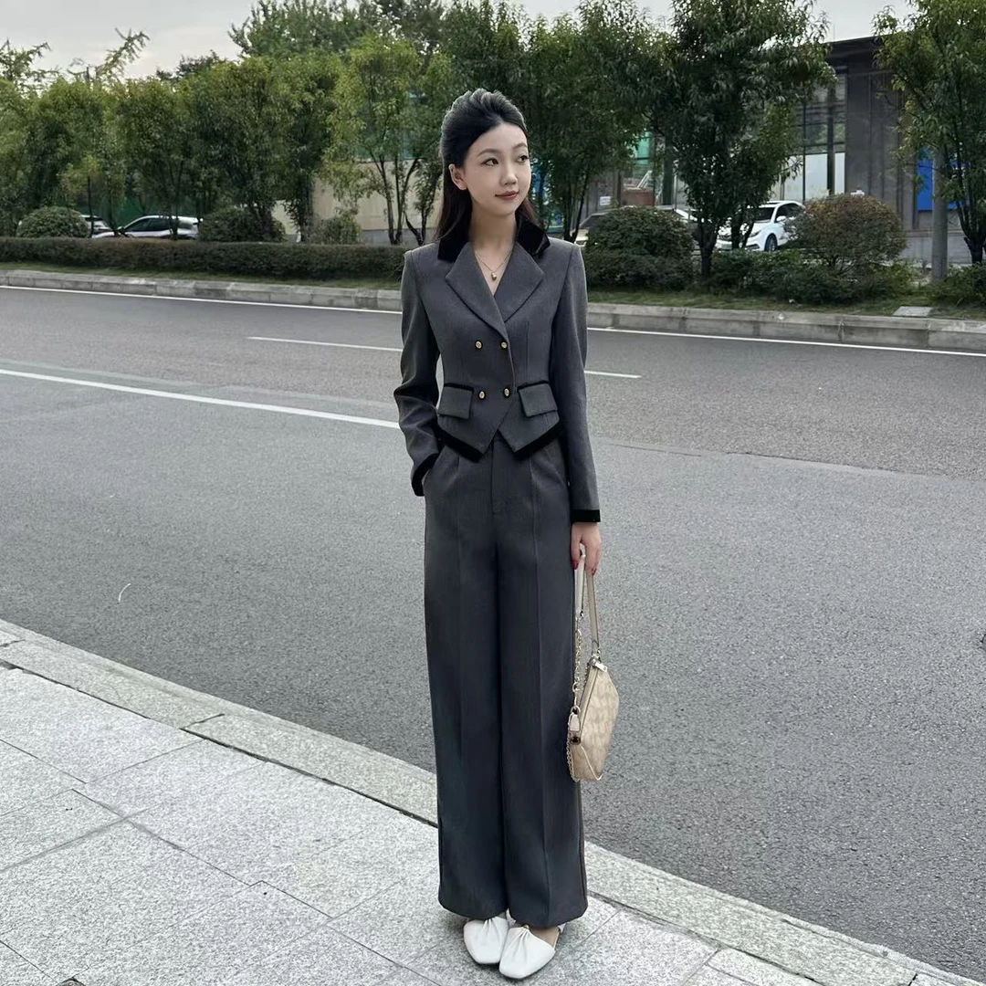 《梨花小隐5066灰色》琳琳小个子极简风职业女裤套装女装气质秋时尚