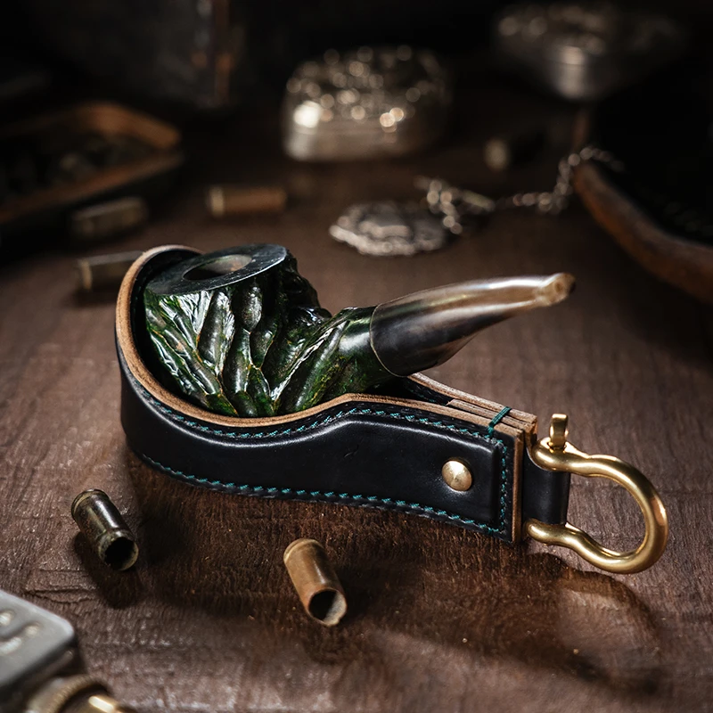 大汉原创复古重磅塑形大烟斗架霍尔文茶芯植鞣牛皮手工钥匙挂便携