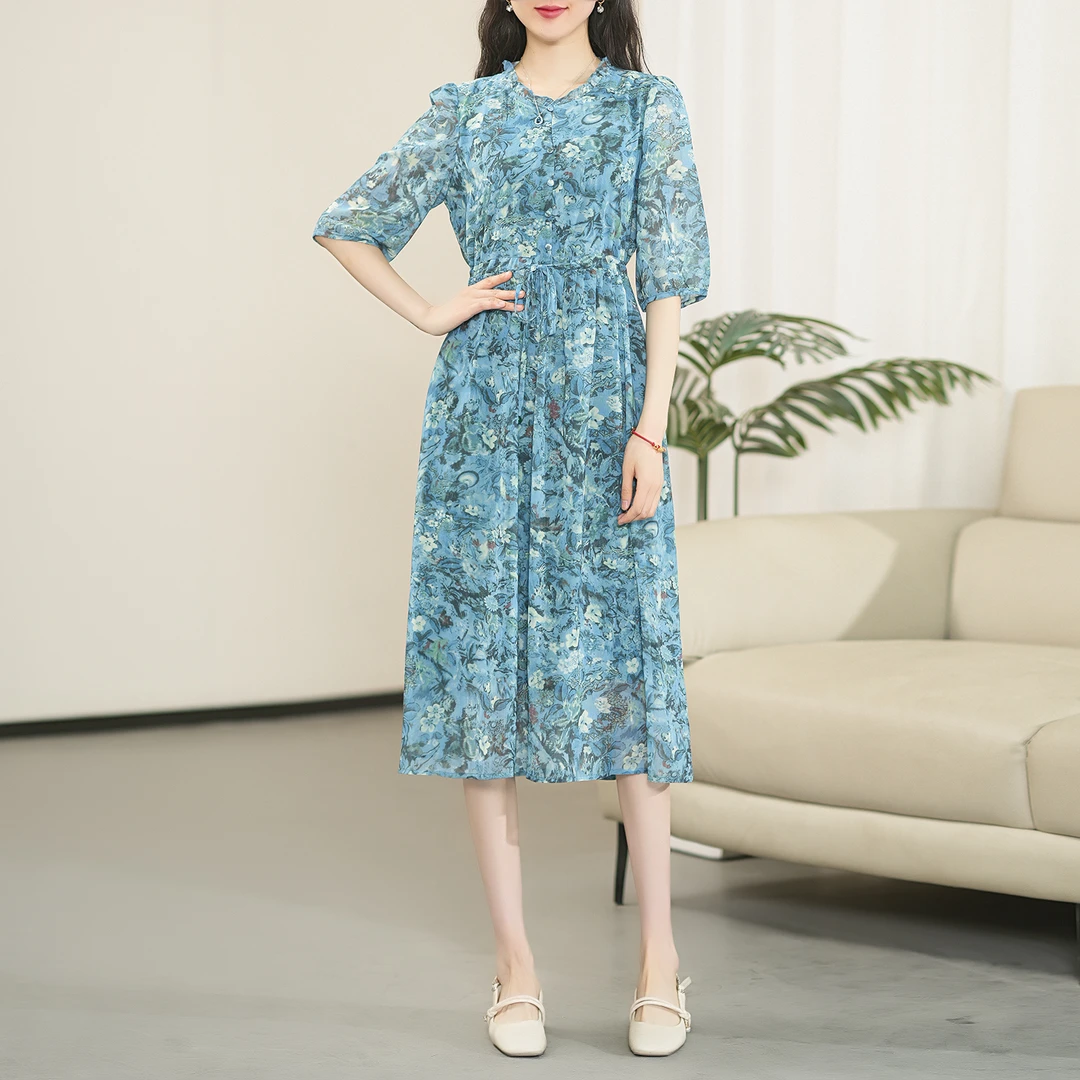 【夏季新款】时尚气质优雅花边领收腰显瘦印花连衣裙CS6379 裙长111