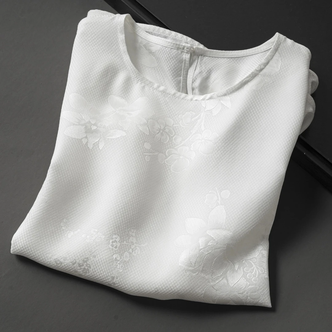 新中式国风复古轻奢杭绫圆领中袖衬衫女夏季薄款桑蚕丝上衣女A054