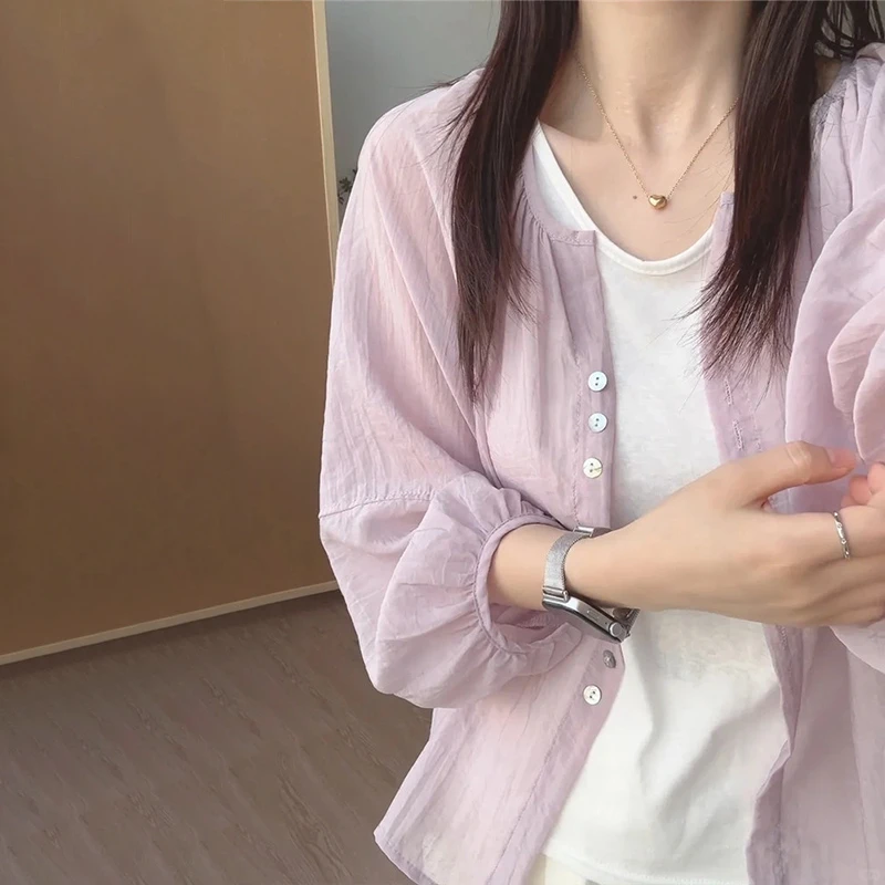 法式温柔紫色亚麻防晒衬衫女2025夏季新款薄款大码宽松长袖外套潮