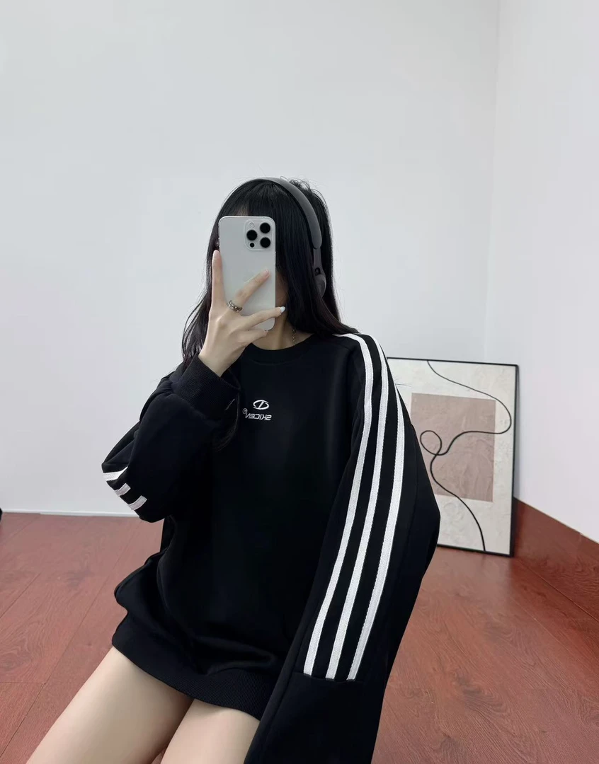 潮牌运动条纹加绒卫衣情侣秋冬保暖银狐绒拼接撞色三条杠上衣潮流