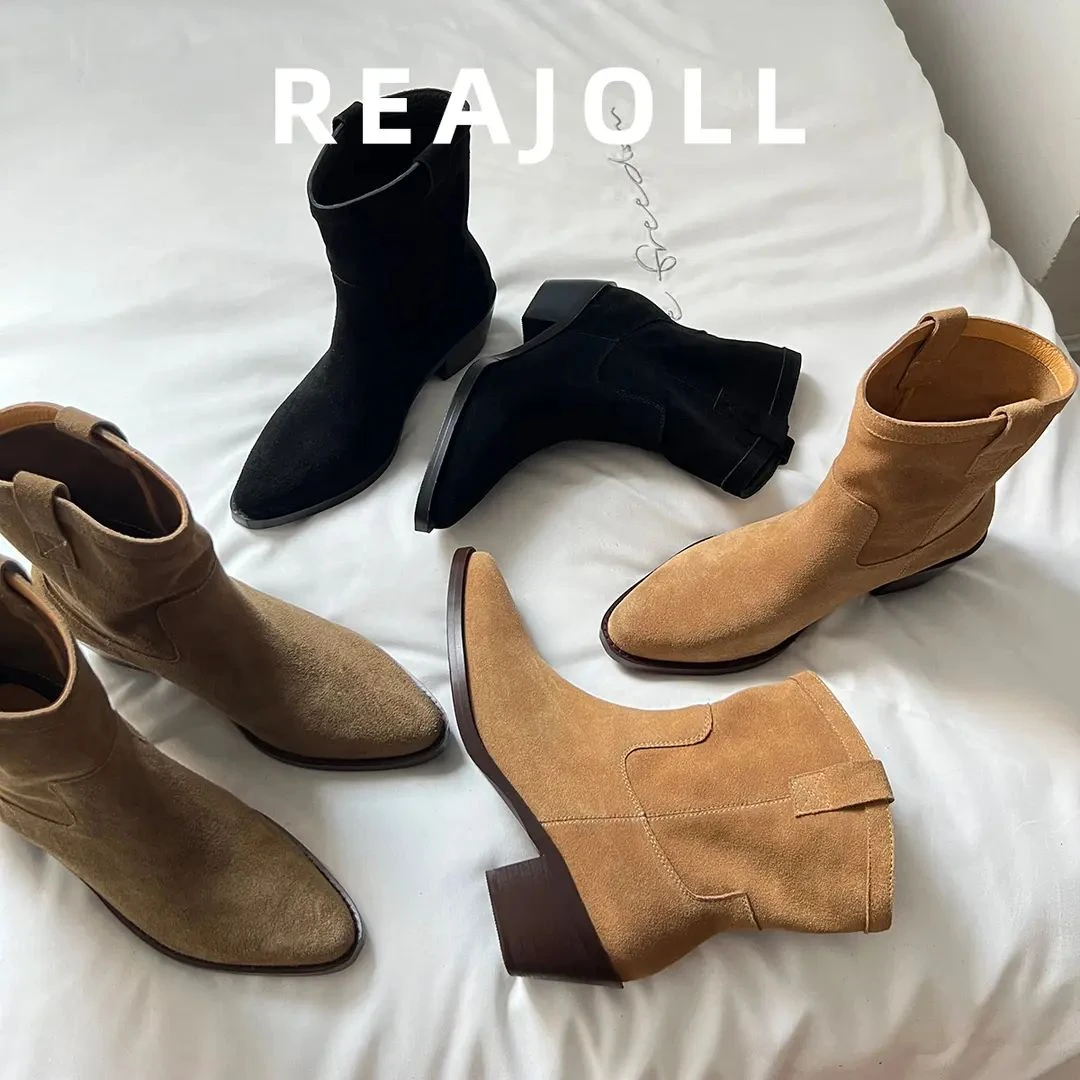 法式小众设计师大牌百搭网红西部靴尖头粗跟显瘦短靴子