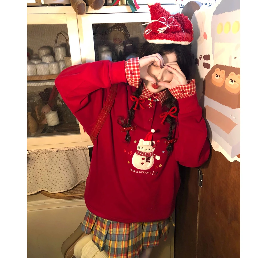 新款大码圣诞polo领卫衣加绒假两件长袖通勤休闲百搭上衣