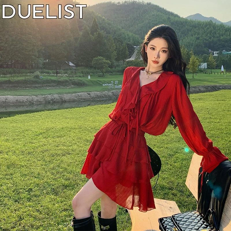 DUELIST新疆穿搭大西北沙漠红色荷叶边长袖上衣半身裙两件套装女