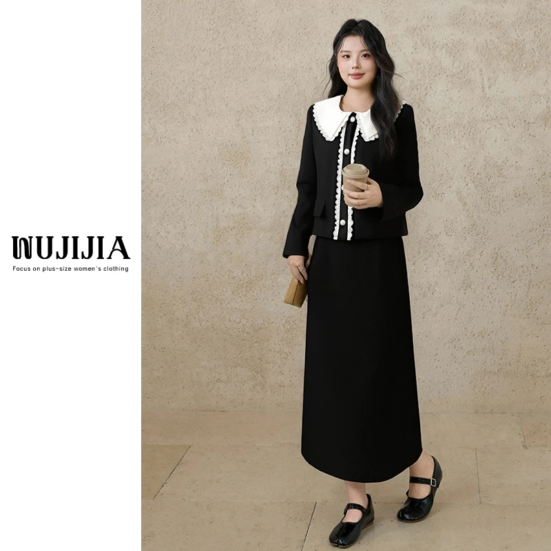 【五季家大码】显瘦小香风法式大翻领气质黑色套装秋冬减龄大码女装