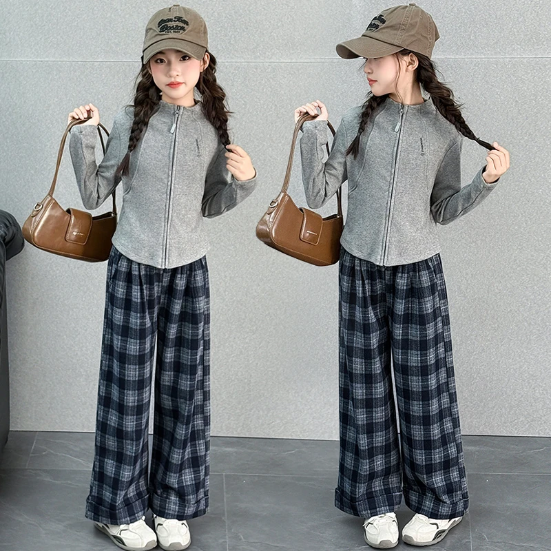 女童秋装套装2025新款儿童韩系洋气立领开衫时髦格子裤童装两件套