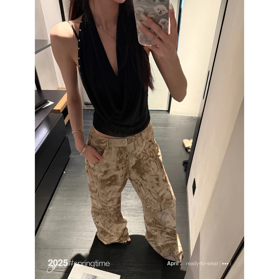 SUNONEONE 蛇纹印花休闲裤女夏季韩版宽松阔腿直筒拖地裤子H1003K