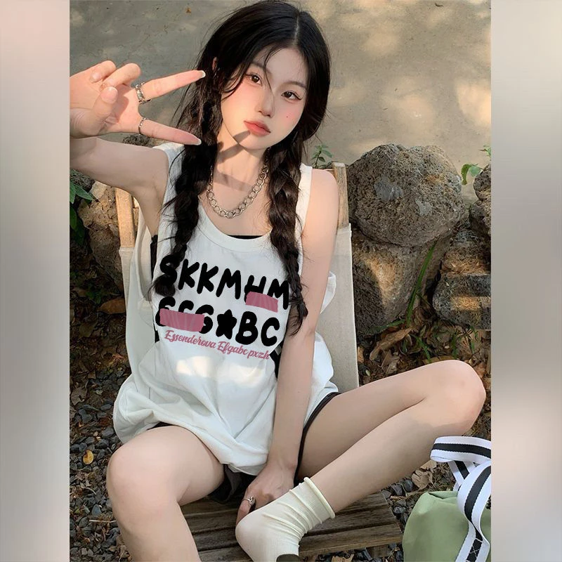 白色背心女外穿夏季2025新款美式高街无袖t恤坎肩宽松篮球服上衣