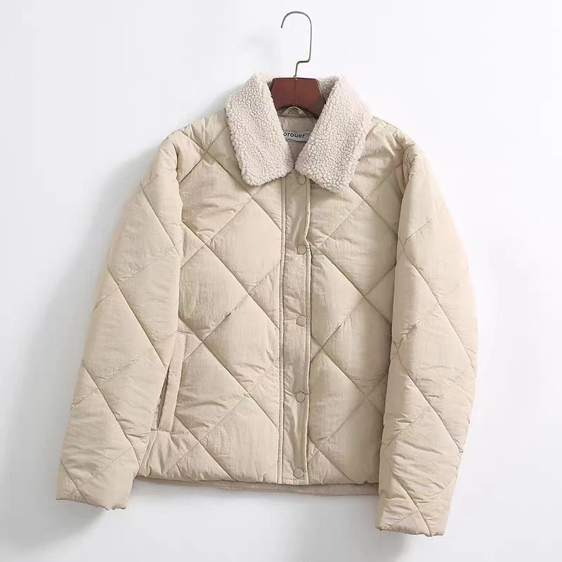 西班牙单秋冬女士保暖翻领拼接绗缝菱格棉衣棉服百搭