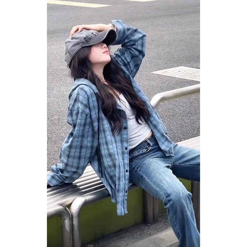 蓝色格子衬衫男夏季设计感连帽长袖衬衣美式cleanfit薄款防晒外套