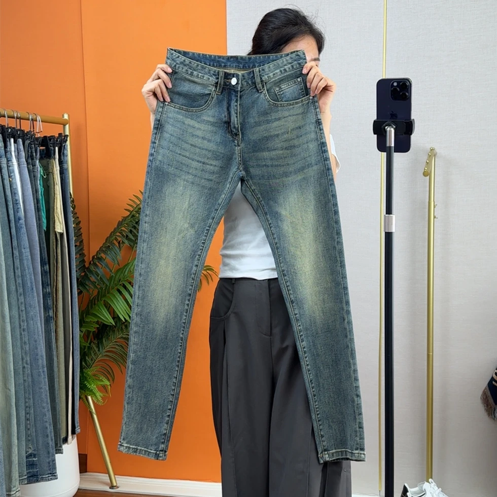 高端欧货2025春夏牛仔裤修身小脚裤弹力猫须复古男士潮流九分长裤