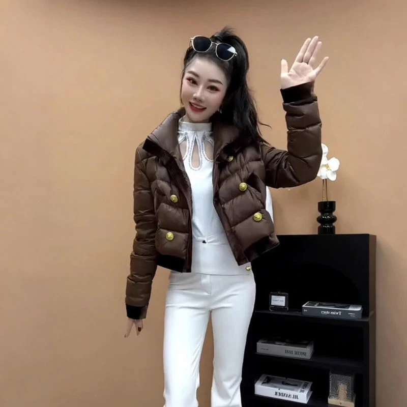 短款小个子女2025冬季新款双排扣小香风拼接保暖棉服外套欧货棉衣